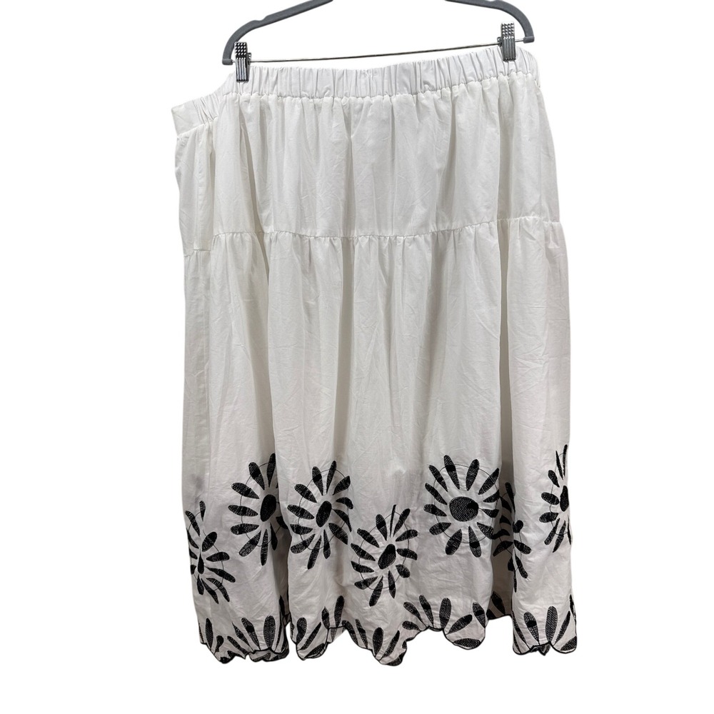 Lane Bryant Cotton White Black Floral Embroidered Tiered Midi Skirt Plus 26/28 - Picture 2 of 6